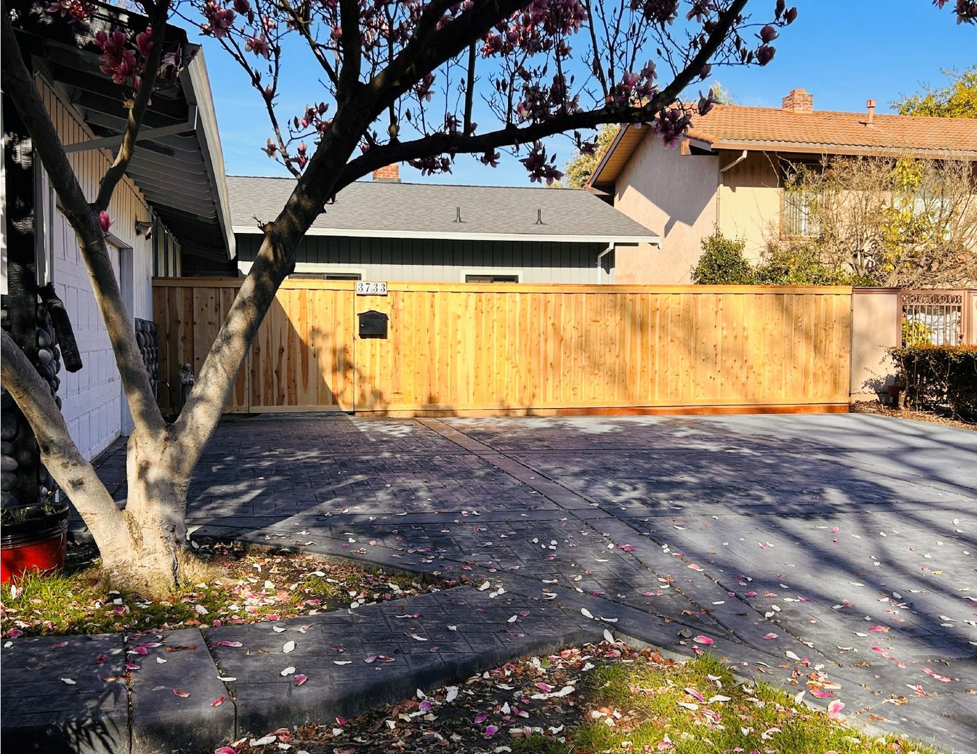 Exterior after — new cedar fence and stamped concrete